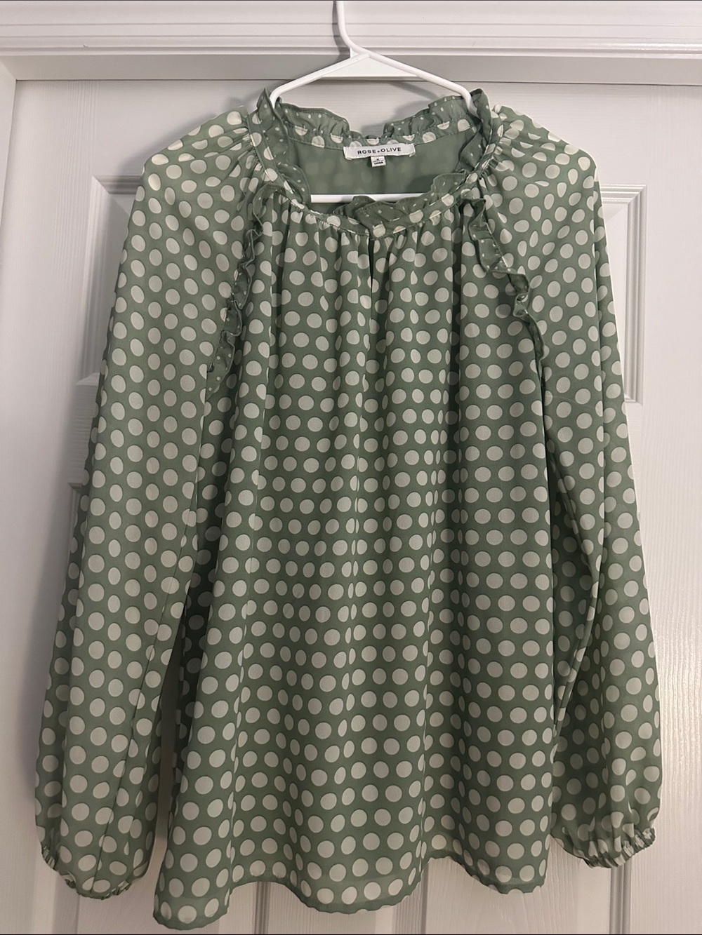 Rose & Olive Sage Polka Dot Ruffle Neck Blouse - Sage & White